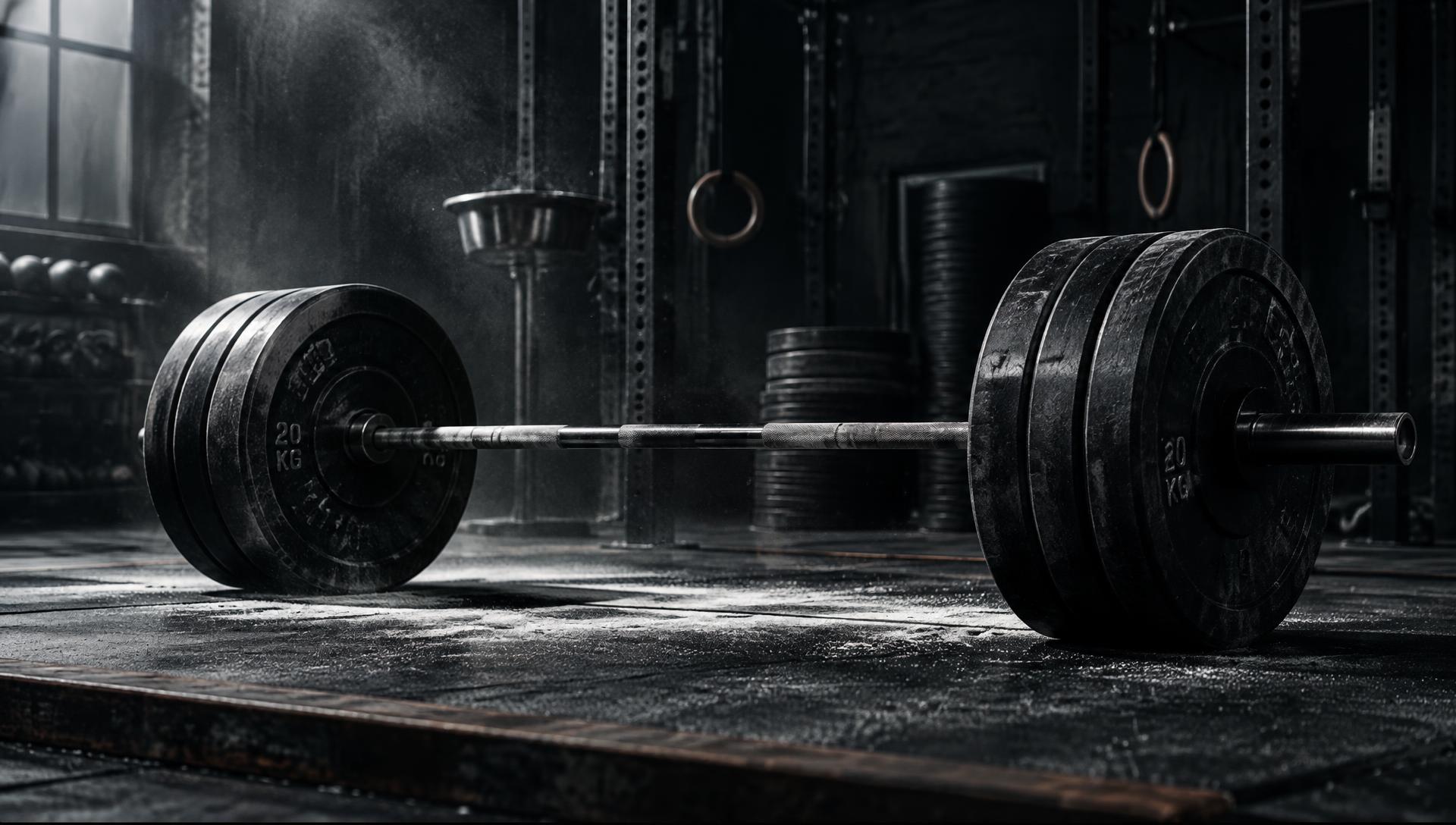 Loaded barbell with iron plates in a dark gym