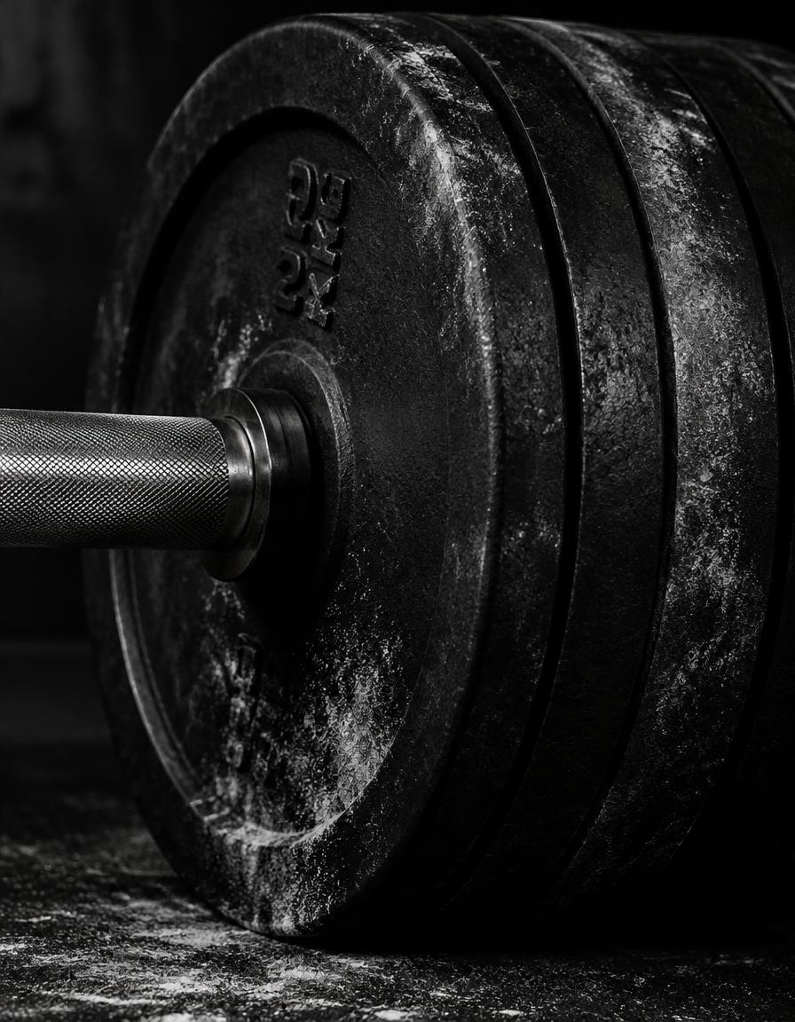Close-up of iron weight plates on a barbell